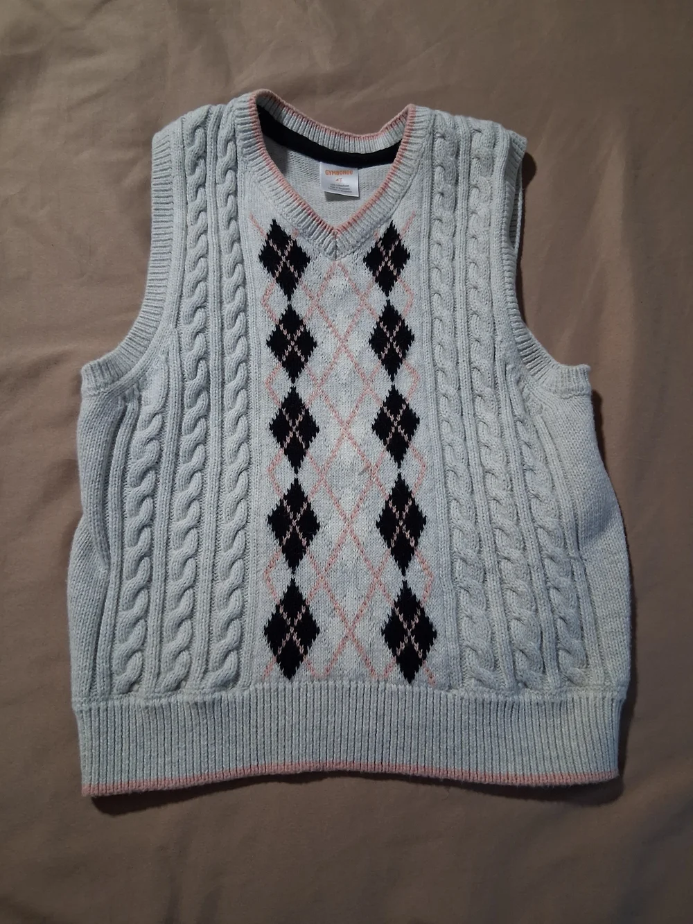 Gymboree Light Gray Argyle Cable Knit V-Neck Sweater Vest Pink Plaid Shirt 4T